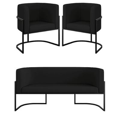 Kit 2 Cadeiras Poltronas + Sofá 2 Lugares Base Preta Corino Preto