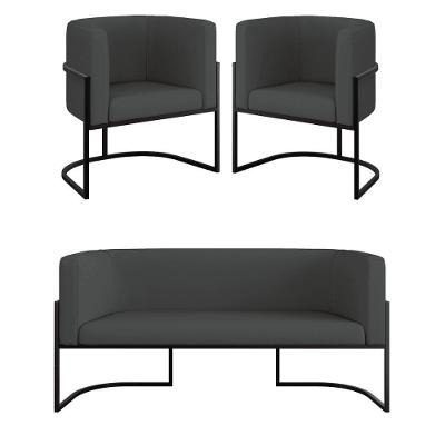 Kit 2 Cadeiras Poltronas + Sofá 2 Lugares Base Preta Corino Cinza