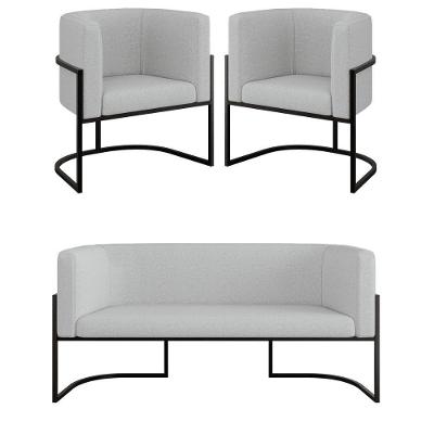 Kit 2 Cadeiras Poltronas + Sofá 2 Lugares Base Preta Bouclê Cinza