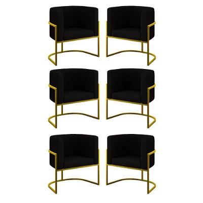 Kit 06 Cadeiras Poltrona Sala Quarto Base Gold Veludo Preto