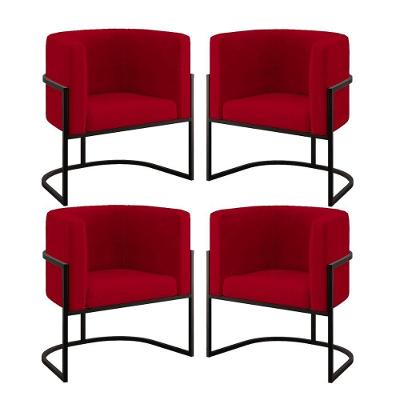 Kit 04 Cadeiras Poltrona Para Sala Quarto Base De Metal Preta Vermelho
