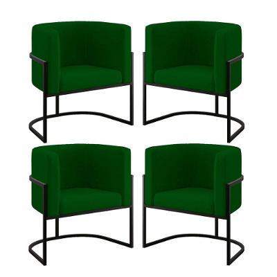 Kit 04 Cadeiras Poltrona Para Sala Quarto Base De Metal Preta Verde