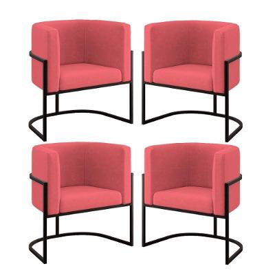 Kit 04 Cadeiras Poltrona Para Sala Quarto Base De Metal Preta Rosa