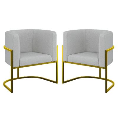 Kit 02 Cadeiras Poltrona Sala Quarto Base Metal Gold Bouclê Cinza