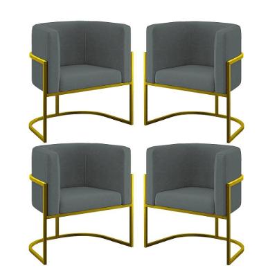 Kit 04 Cadeiras Poltrona Para Sala Quarto Base De Metal Gold Cinza