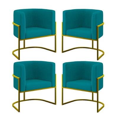 Kit 04 Cadeiras Poltrona Para Sala Quarto Base De Metal Gold Azul Turquesa