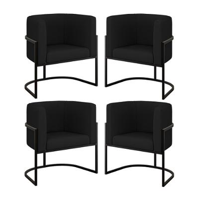 Kit 04 Cadeiras Poltrona Sala Quarto Base Metal Preta Corino Preto