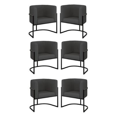 Kit 06 Cadeiras Poltrona Sala Quarto Base Preta Corino Cinza