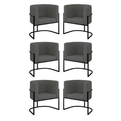 Kit 06 Cadeiras Poltrona Sala Quarto Base Preta Veludo Cinza