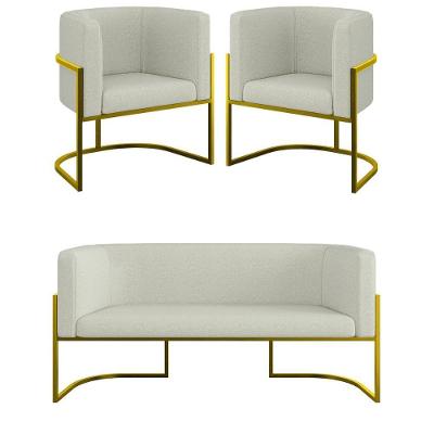 Kit 2 Cadeiras Poltronas + Sofá 2 Lugares Base Gold Bouclê Bege
