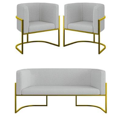 Kit 2 Cadeiras Poltronas + Sofá 2 Lugares Base Gold Bouclê Cinza