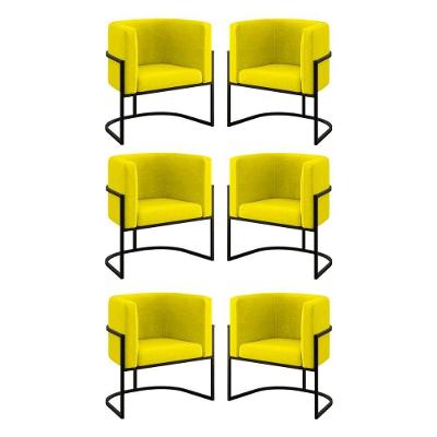 Kit 06 Cadeiras Poltrona Para Sala Quarto Base Metal Preta Amarelo