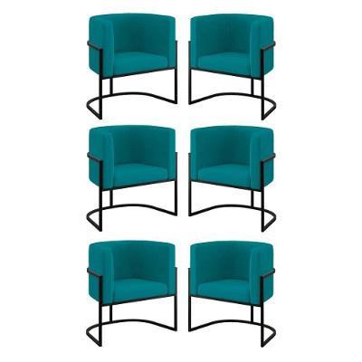 Kit 06 Cadeiras Poltrona Para Sala Quarto Base Metal Preta Azul Turquesa