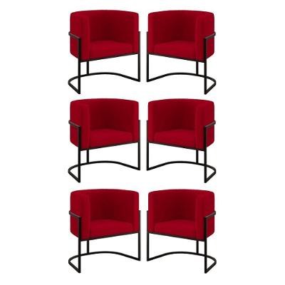 Kit 06 Cadeiras Poltrona Para Sala Quarto Base Metal Preta Vermelho