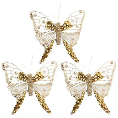 Kit 3 Borboletas Decoradas Glitter E Lantejoulas Champanhe Gold Luxo 8cm - Magizi