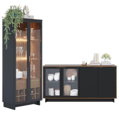 Kit com Cristaleira Led e Buffet Aparador Porta Vidro Preto Colibri
