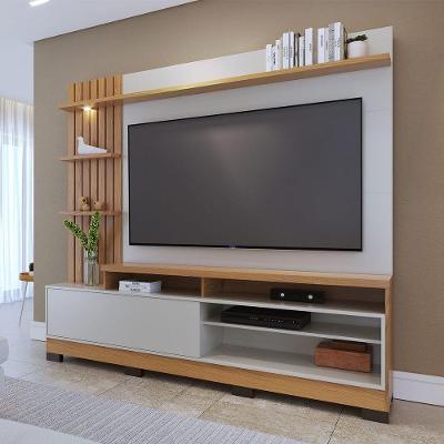 Estante Home 200 Cm com Pés Ripado Lateral Spot de Led Para TV Até 65' Maceio Freijó Off White