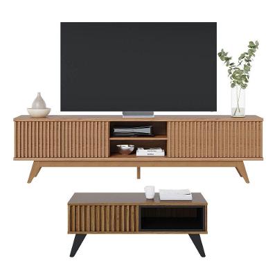 Kit Sala de Estar com Rack Para TV Ripado e Mesa de Centro Noce Preto Colibri