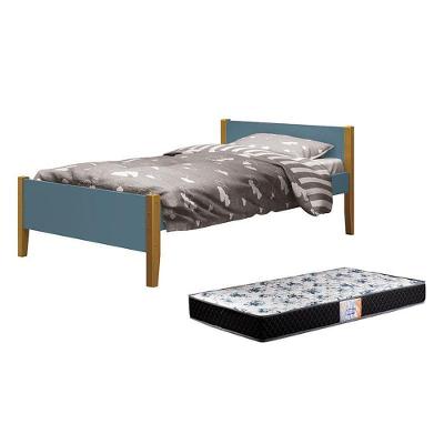 Cama Solteiro Simba Azul Fosco Com Pés Amadeirado E Colchão D33 Reller Móveis