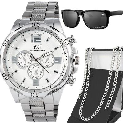 Relogio Aço Inoxidável Masculino Prata + Oculos Sol + Cordao Casual Original Proteção Uv Ponteiro