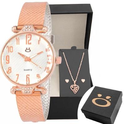 Relogio Feminino Rose Aço + Colar Brinco Coração + Caixa Banhado Inoxidável Social Presente Original