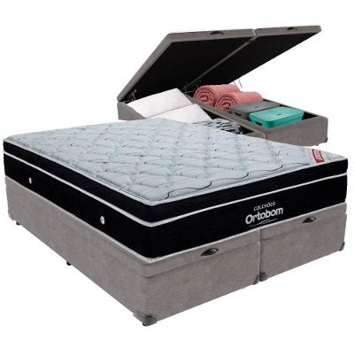 Cama Box Baú Cinza E Colchão Elegant Molas Ensacadas Queen Ortobom