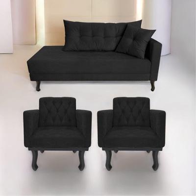 Kit Diva Recamier Azura 140cm Lado Esquerdo E 02 Poltronas Classic Suede - Amarena Móveis Cor Preto