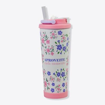 Copo Spring Com Canudo Floral Zonacriativa