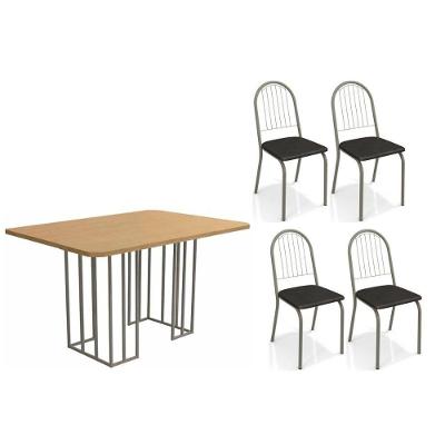 Sala de Jantar Completa Duina c/ Tampo de Madeira 136cm e 4 Cadeiras Noruega Niquel/Freijo - Courano Preto - Kappesberg