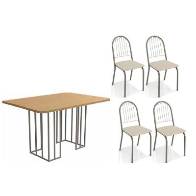 Sala de Jantar Completa Duina c/ Tampo de Madeira 136cm e 4 Cadeiras Noruega Niquel/Freijo - Courano Bege - Kappesberg