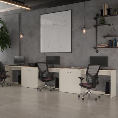 Conjunto De Escritório 5 Peças Smart Office 3 Mesas E 2 Aparador Buffet - Off White E Cedro Off White E Cedro