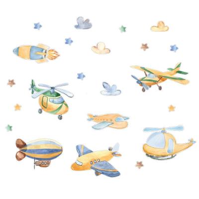 Adesivo De Parede Avião Helicóptero Dirigível Céu Aquarela