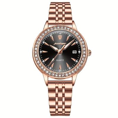 Relógio De Quartzo Elegante Para Mulheres Luxo Com Strass Pulseira De Aço Inoxidável Ouro Rosa Preto