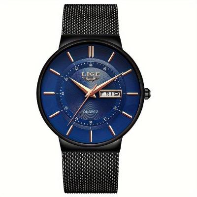 Relógio De Quartzo Lige Com Pulseira De Aço Inoxidável Azul Marinho