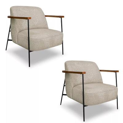 Kit 2 Poltronas Decorativa Eros Linho Bouclê Com Base De Ferro Preto SSX Multicoisas Bege Dourado