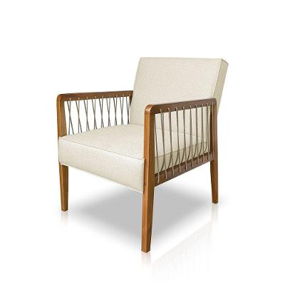 Poltrona Decorativa Haia Linho Com Base Madeira Maciça SSX Multicoisas Perola