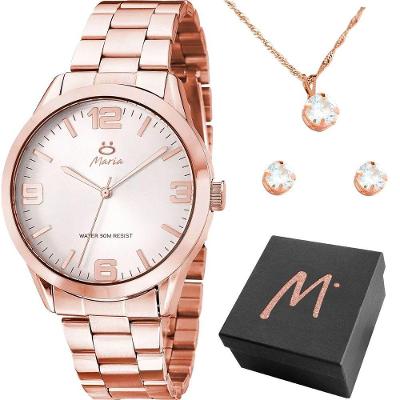 Relogio Feminino Aço Banhado Rose + Caixa + Brincos Colar Qualidade Premium Strass Inoxidável Casual