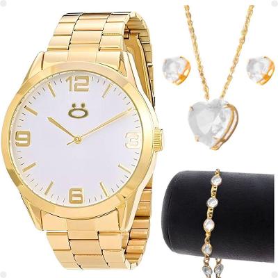 Relogio Feminino Aço Inox Dourado + Colar Strass + Brincos