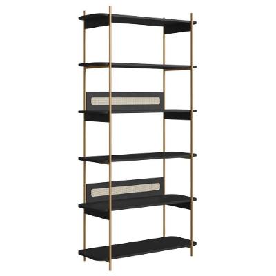 Estante Oslo Artesano 90 Cm Largura Mdp Nero Palha Sintética Bege Pé Metal Dourado