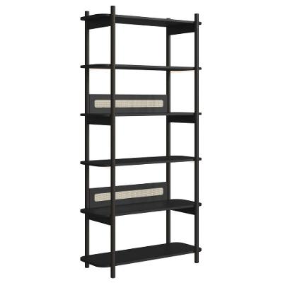 Estante Oslo Artesano 90 Cm Largura Mdp Nero Palha Sintética Bege Pé Madeira Maciça