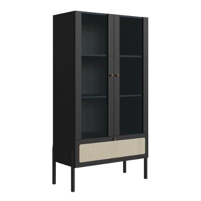 Cristaleira 2 Portas Oslo Artesano 83 Cm Largura Mdp Nero Palha Sintética Bege E Pés Madeira Maciça