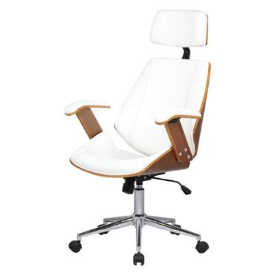 Cadeira Giratória Lisboa Bergen Rivatti Com Encosto De Cabeça Madeira Laminada Pu Branco Base Rodízio