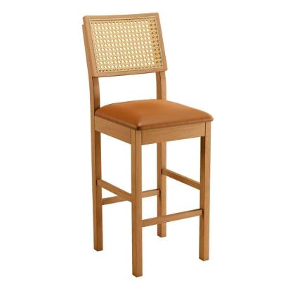 Banqueta Jade 03 Madeira Maciça Jcm Encosto Rattan E Couro Caramelo