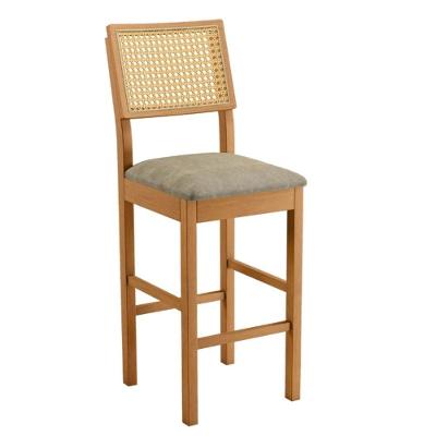 Banqueta Jade 03 Madeira Maciça Jcm Encosto Rattan E Veludo Bege