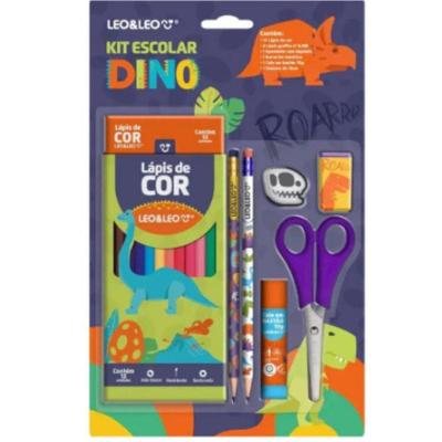 Kit Material Escolar Infantil Lápis De Cor Leo & Leo Jardim 7 Peças Dinossauro