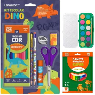 Kit Escolar Volta As Aulas Completo Com Lápis Apontador Tesoura Caneta Hidrográfica E Aquarela Dinossauro
