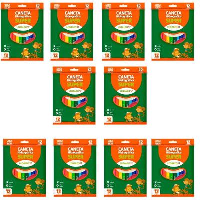 Kit 10 Canetas Hidrográfica Escolar Super Leonora Com 12 Cores Volta As Aulas