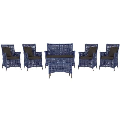 Jogo Sofá 4 Poltronas E Mesa Igapó Marrom E9 Trama Original Azul