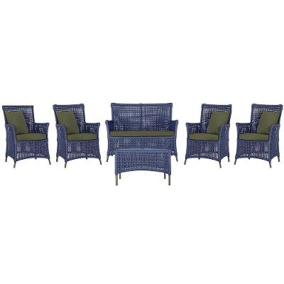 Jogo Sofá 4 Poltronas E Mesa Igapó Marrom E13 Trama Original Azul