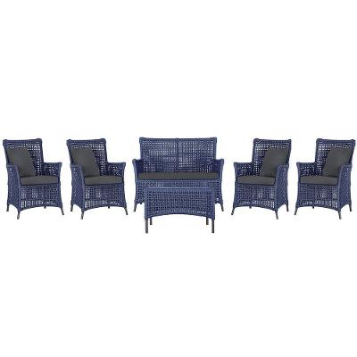 Jogo Sofá 4 Poltronas E Mesa Igapó Preta E11 Trama Original Azul